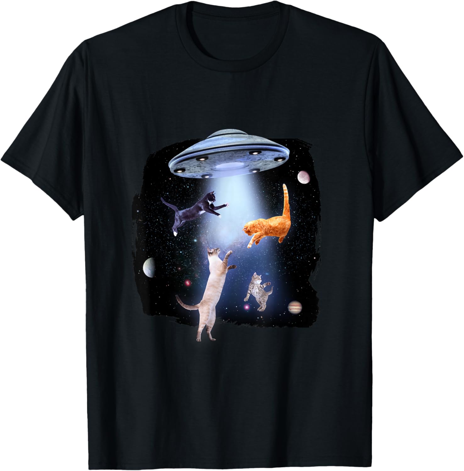 Cat with Alien and Ufo T-Shirt - T-Shirt | Black
