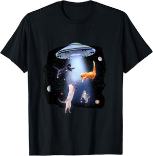 Cat with Alien and Ufo T-Shirt - T-Shirt | Black