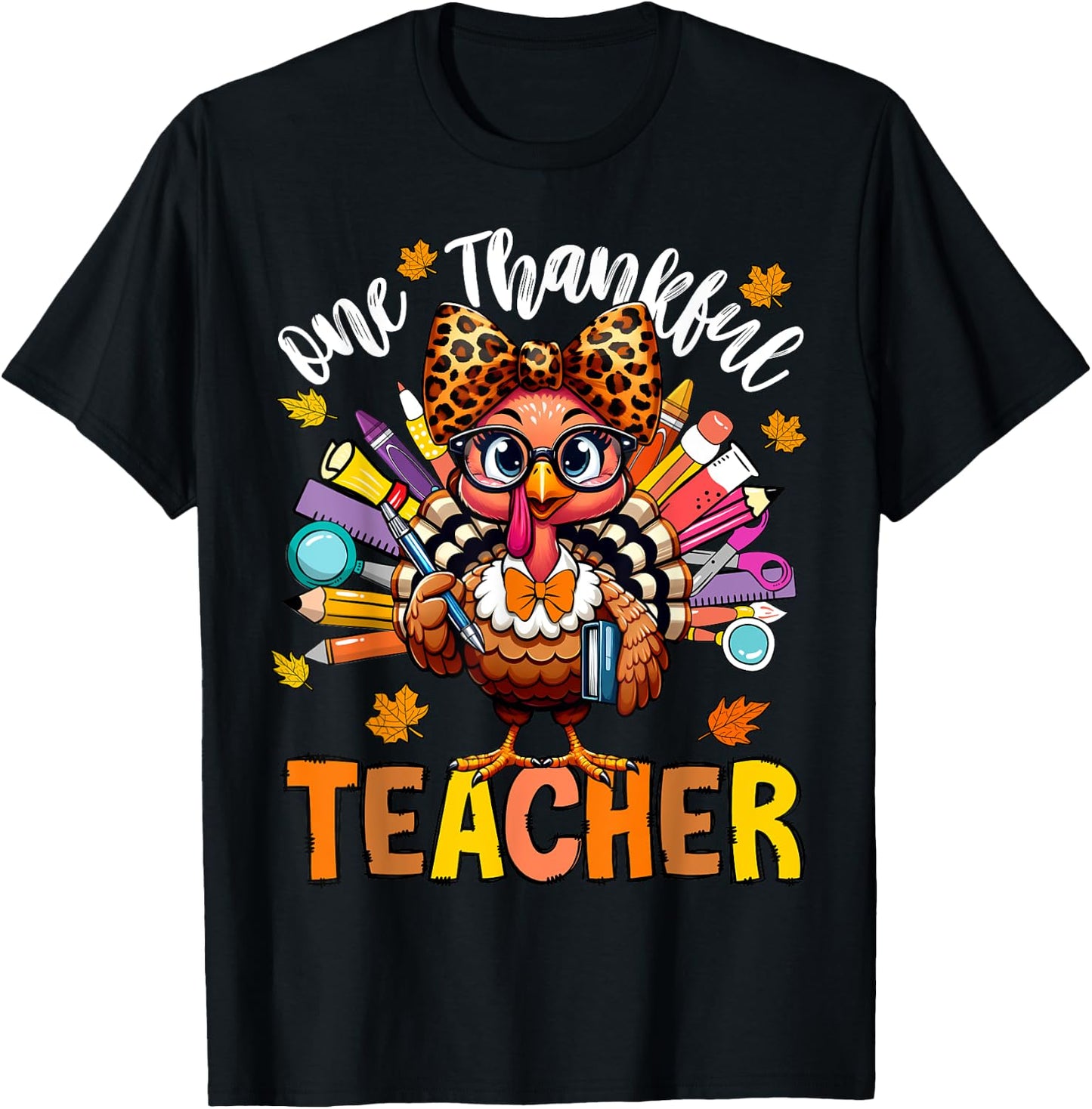 One Thankful Teacher Thanksgiving Turkey Cute Crayon Pencil T-Shirt - T-Shirt | Black