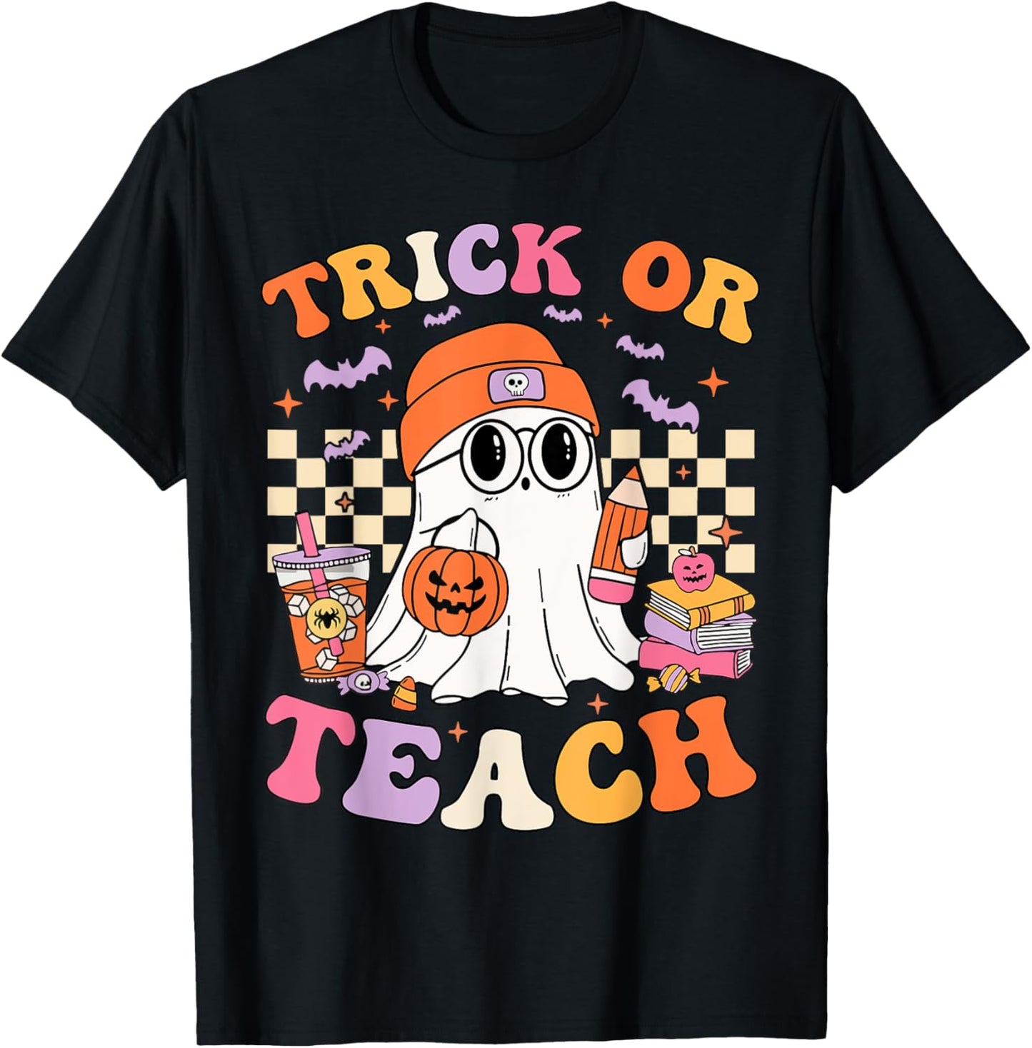 Teacher Halloween Trick Or Teach Cute Ghost Coffee Pumpkins T-Shirt - T-Shirt | Black