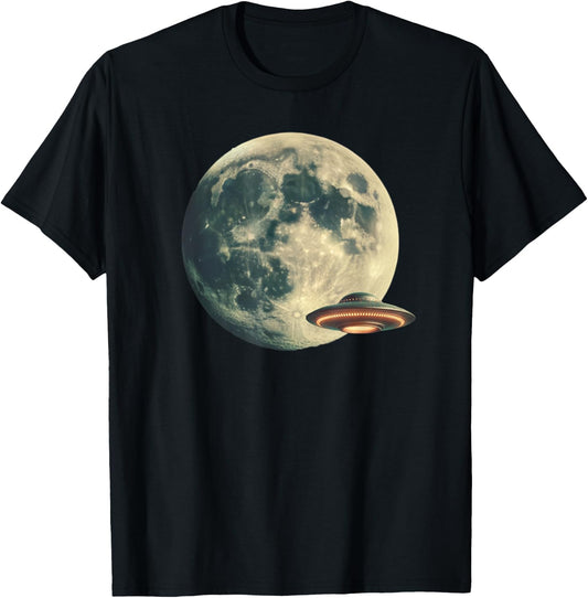 Full Moon UFO Flying Saucer Graphic T-Shirt - T-Shirt | Black