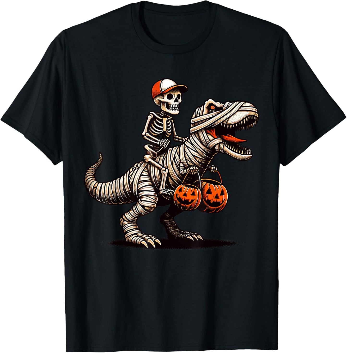 Skeleton Riding Mummy Dinosaur Pumpkin Halloween T-Shirt - T-Shirt | Black