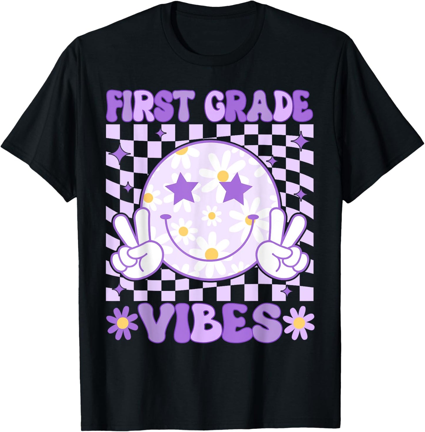 Groovy First Grade Vibes Back to School 1st Grade Teacher T-Shirt - T-Shirt | Black