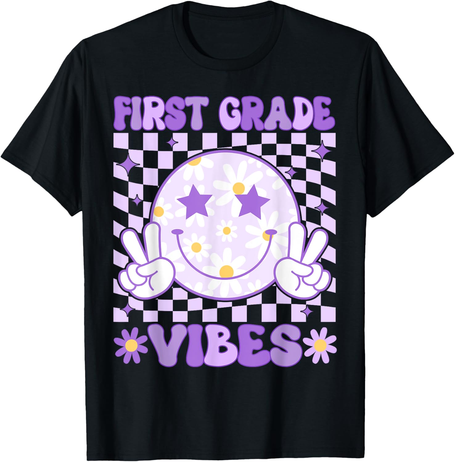 Groovy First Grade Vibes Back to School 1st Grade Teacher T-Shirt - T-Shirt | Black