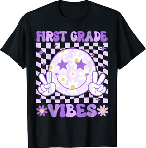 Groovy First Grade Vibes Back to School 1st Grade Teacher T-Shirt - T-Shirt | Black