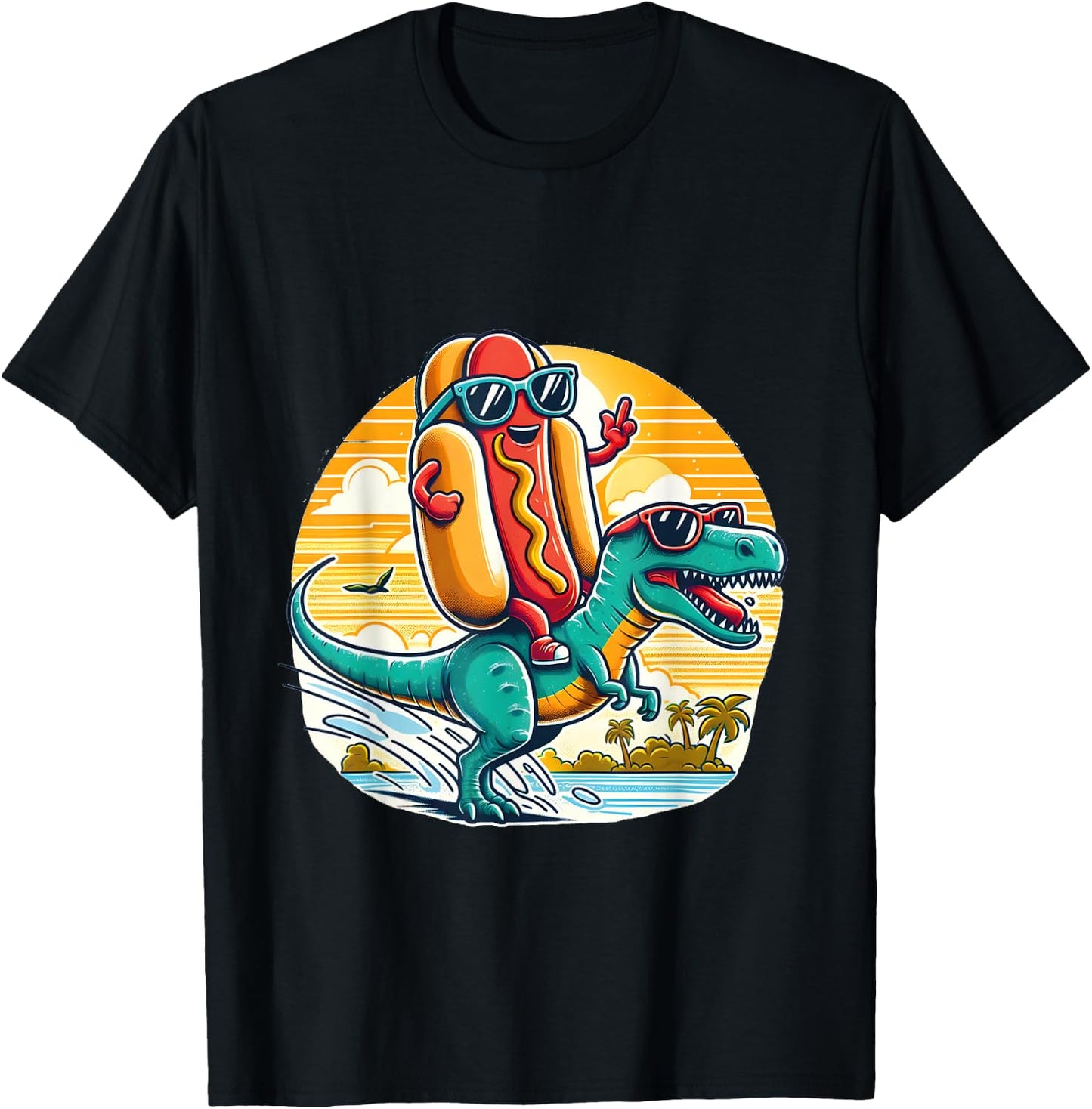 Funny T-Rex Dinosaur and Hot Dog summer vibes T-Shirt - T-Shirt | Black