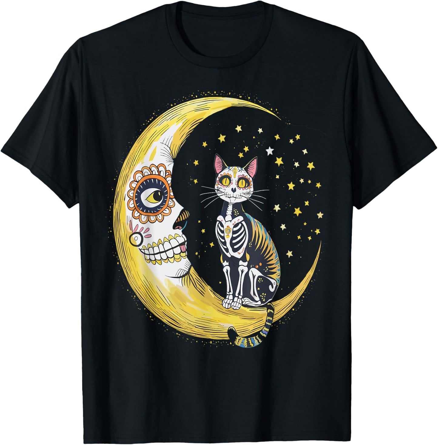 Cat And Moon Sugar Skull Dia De Los Muertos Day Of The Dead Men Women Kids T-Shirt - T-Shirt | Black
