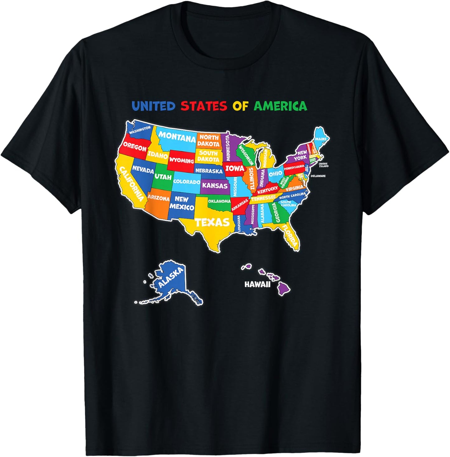 Colorful United states of America Map with states names, USA T-Shirt - T-Shirt | Black