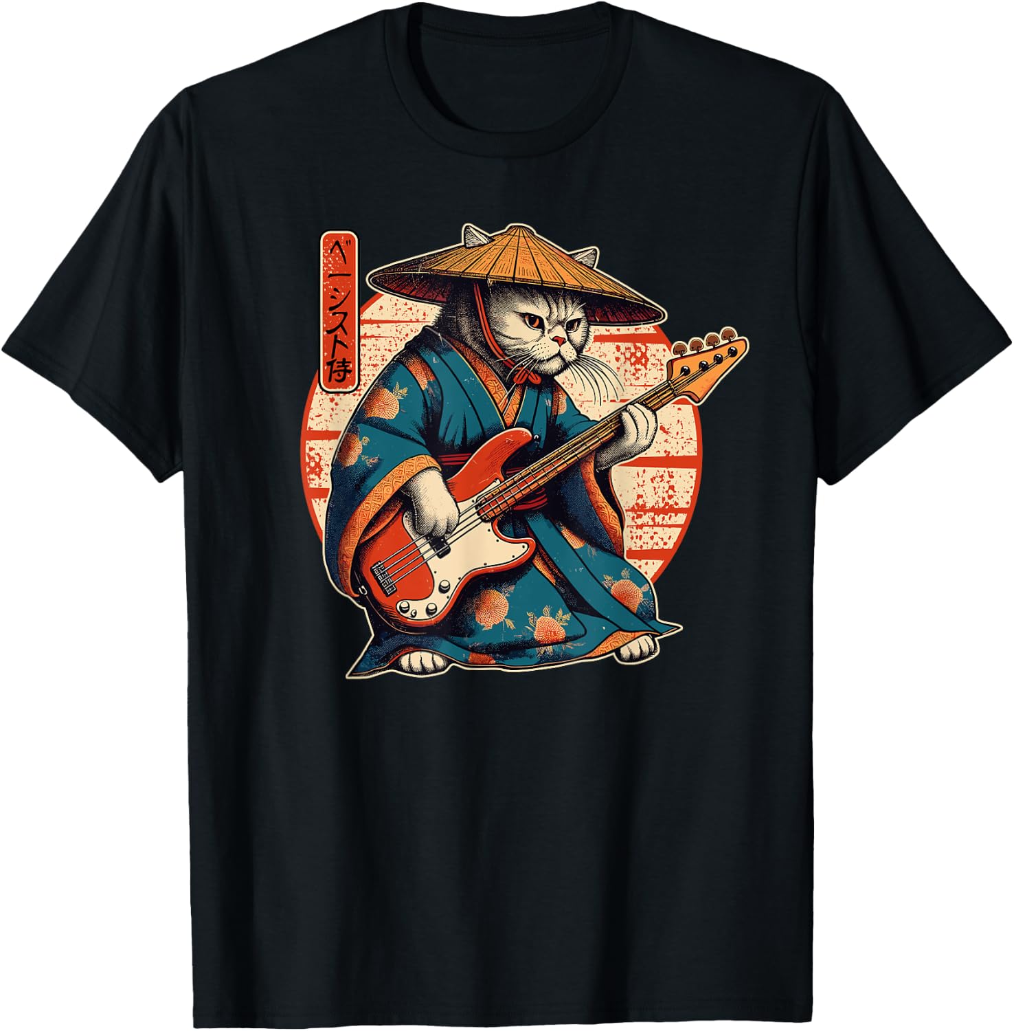 Japanese Samurai Cat Playing The Bass Men Women Girls Kids T-Shirt - T-Shirt | Black