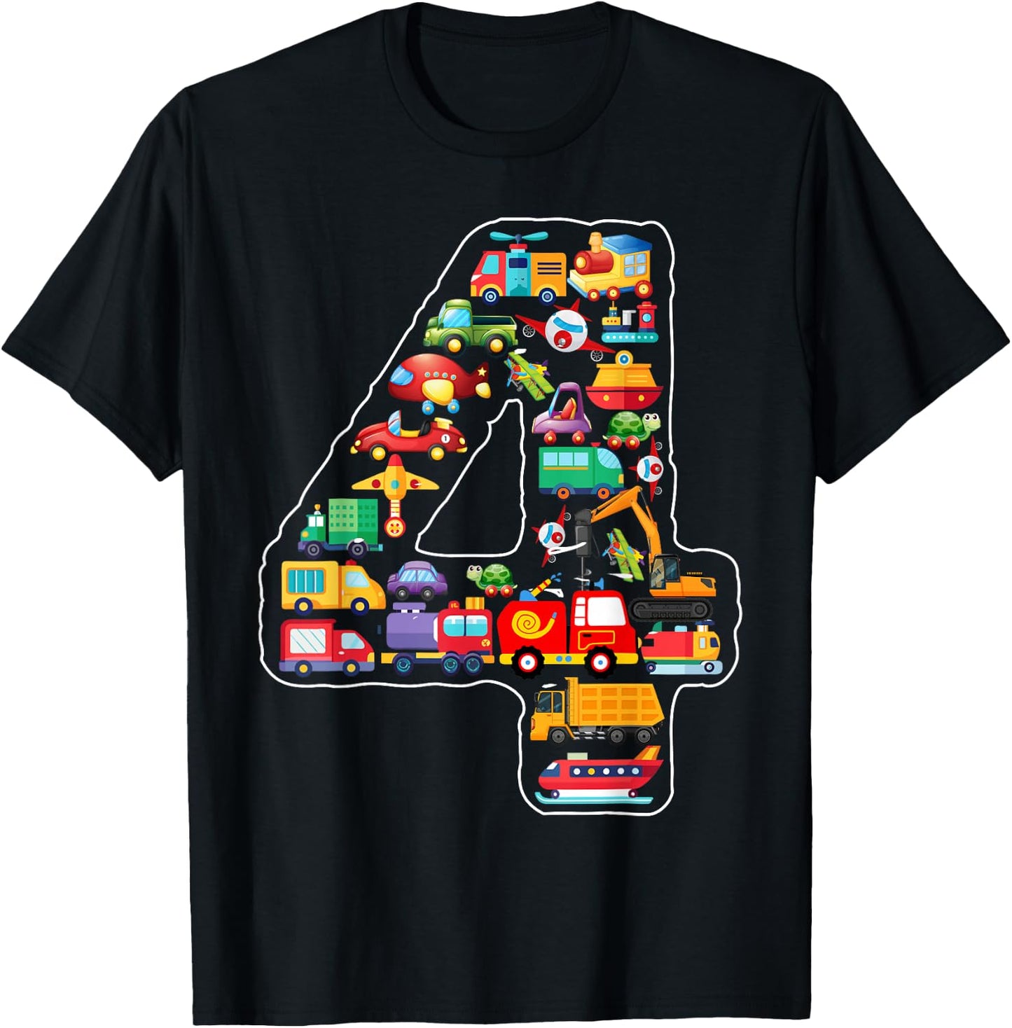 Kids 4th Birthday For Boys Cars Vehicles Fire Truck Airplane T-Shirt - T-Shirt | Black