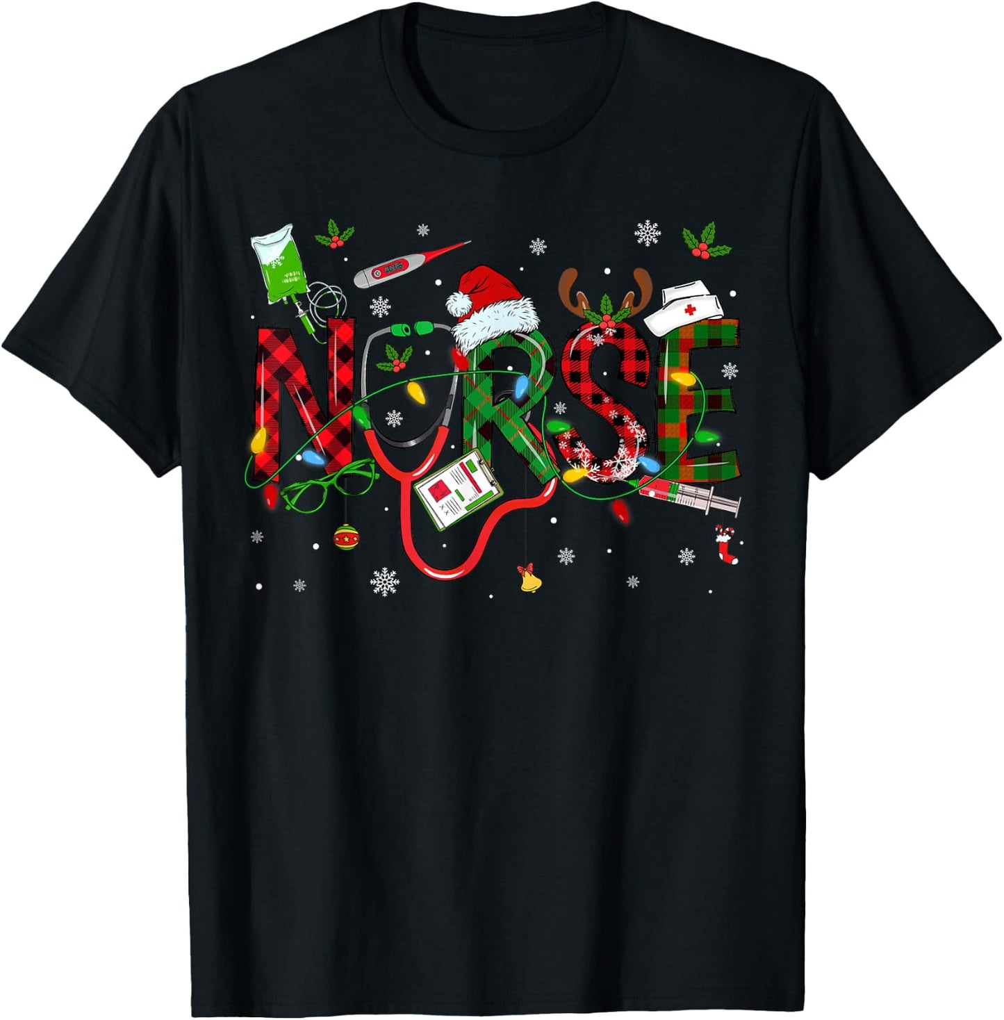Nurse Christmas Stethoscope Nurses Xmas Scrub Men Women T-Shirt - T-Shirt | Black