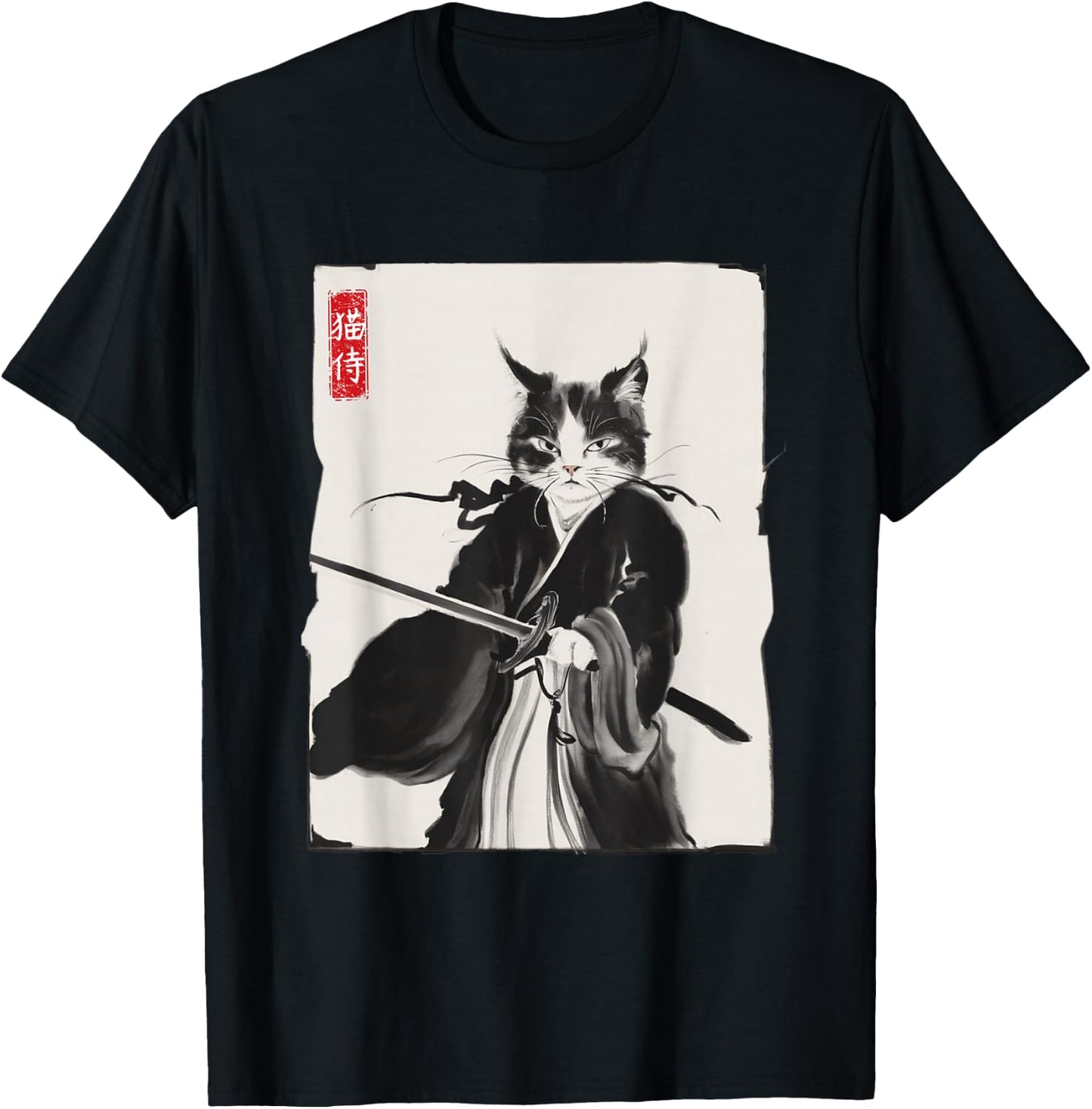 Samurai Cat Warrior Ink Art Funny Japanese Style T-Shirt - T-Shirt | Black