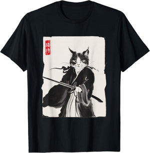Samurai Cat Warrior Ink Art Funny Japanese Style T-Shirt - T-Shirt | Black