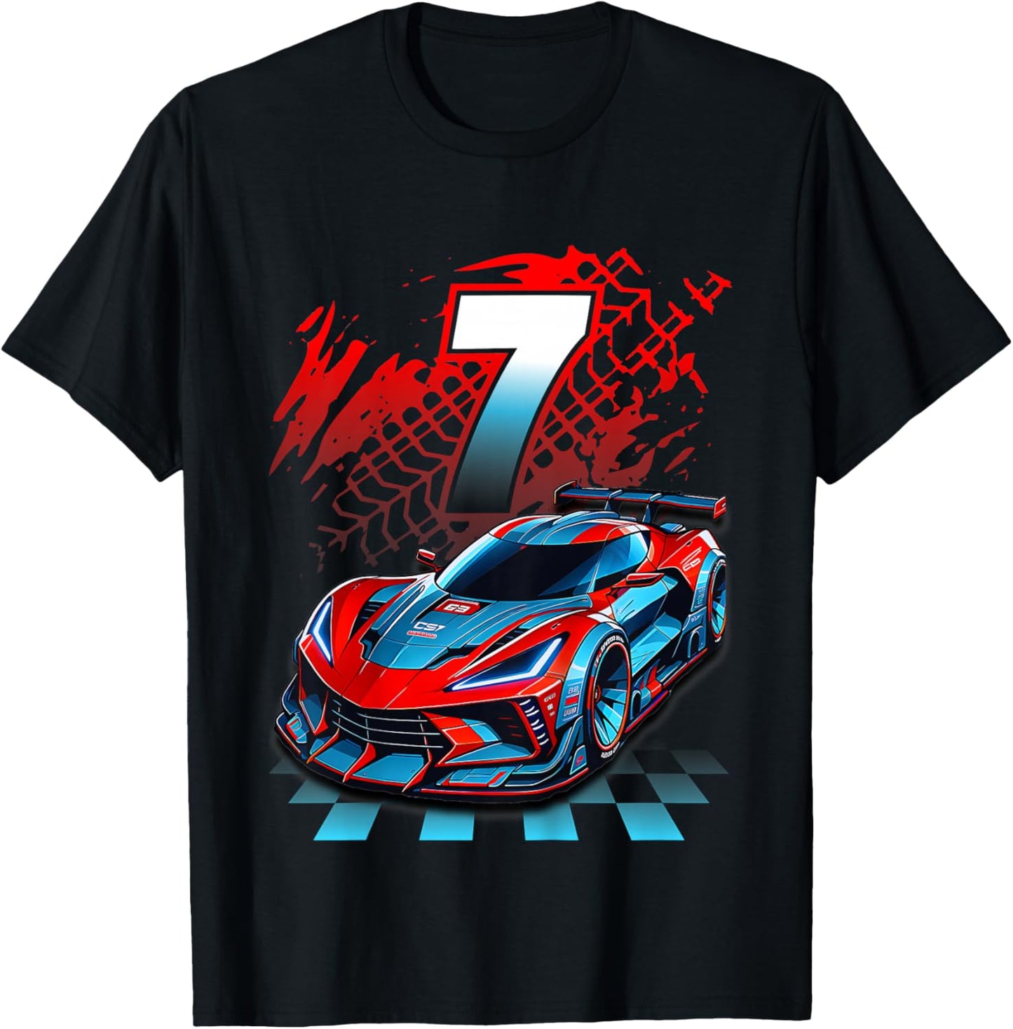 Kids 7 Year Old Race Car 7th Birthday Party Racing Racecar T-Shirt - T-Shirt | Black