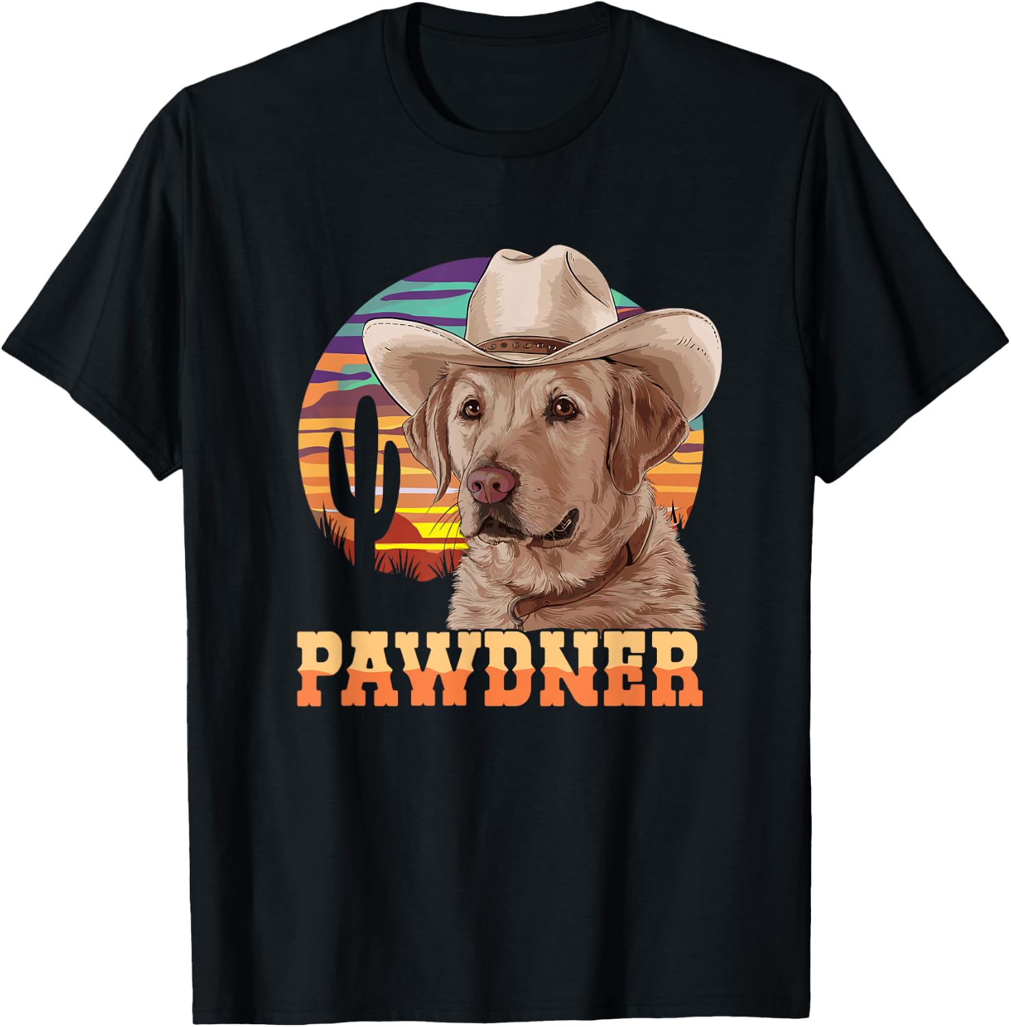 Pawdner Cowboy Lab Desert Sunset Labrador with Hat Dog Dad T-Shirt - T-Shirt | Black