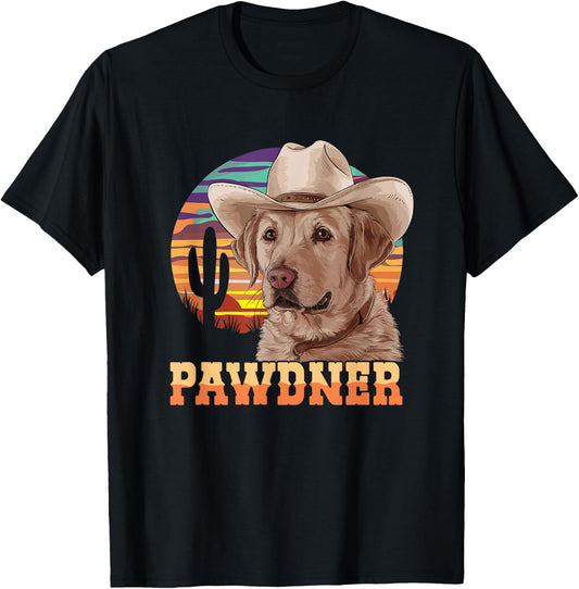 Pawdner Cowboy Lab Desert Sunset Labrador with Hat Dog Dad T-Shirt - T-Shirt | Black