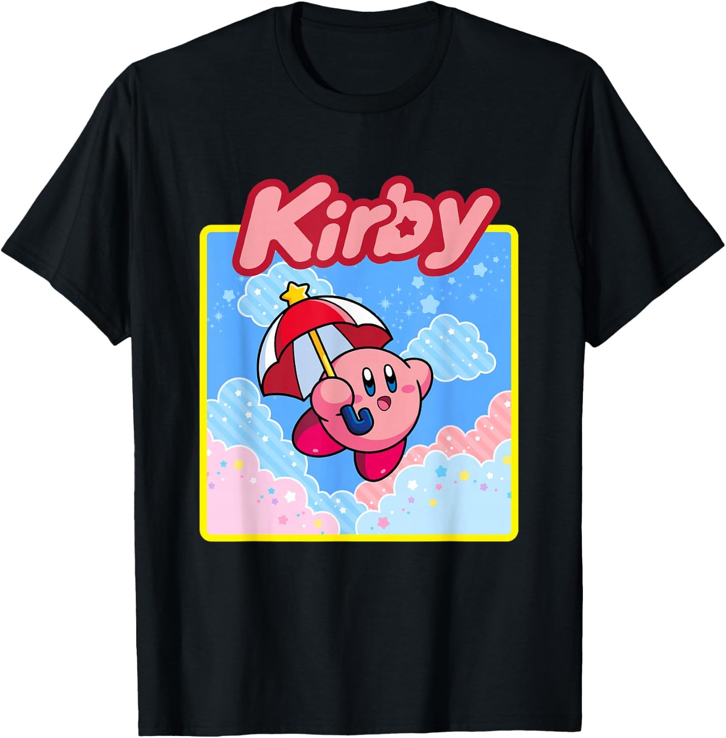 Kirby Pastel Pink & Blue Cloudy Big Character Portrait T-Shirt - T-Shirt | Black