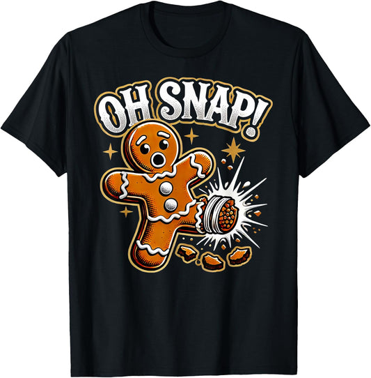 Oh Snap Gingerbread Man -Adult Black Cartoon Holiday Humorous Modern Classic Fit Short Sleeve T-Shirt - T-Shirt | Black