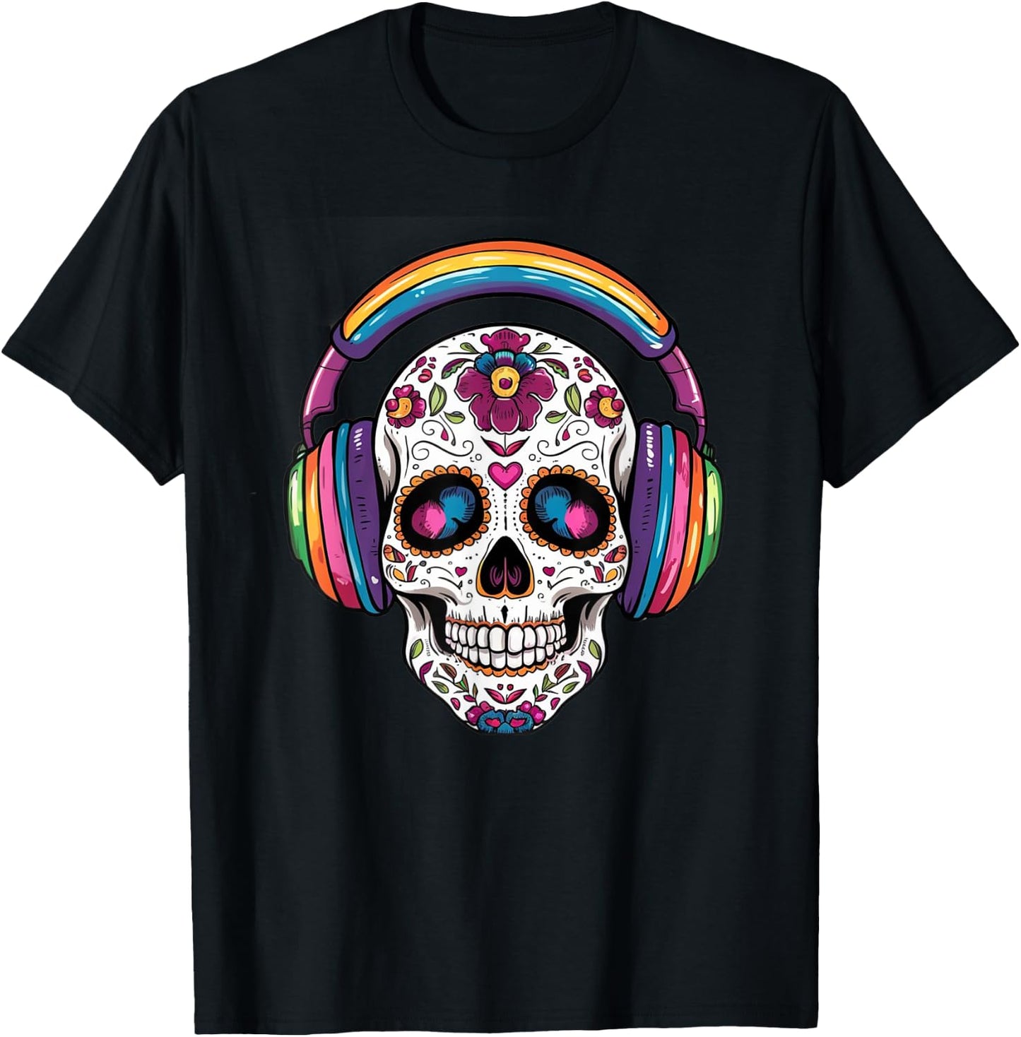 Sugar Skull Headphones Day of Dead Halloween Dia De Muertos T-Shirt - T-Shirt | Black