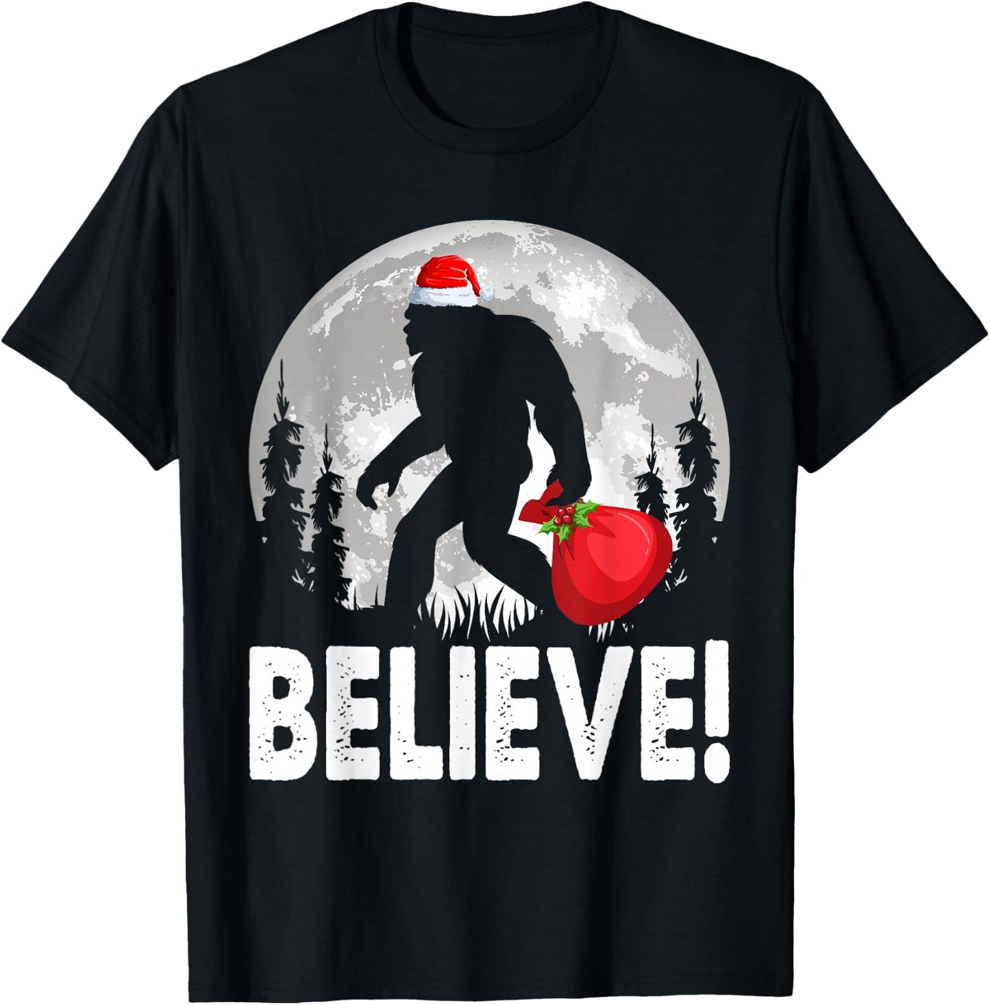 Believe! Santa Bigfoot Christmas Snow & Moon Night Graphic T-Shirt - T-Shirt | Black