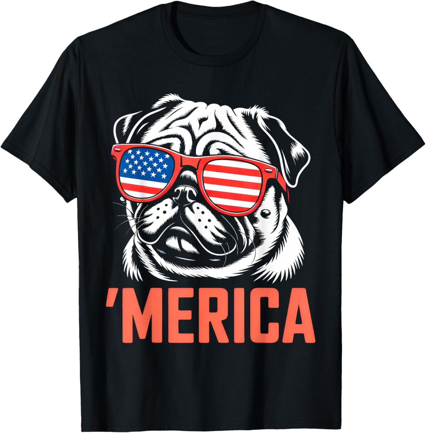 Merica Pug American Flag Patriotic USA Dog Lover Men Women T-Shirt - T-Shirt | Black