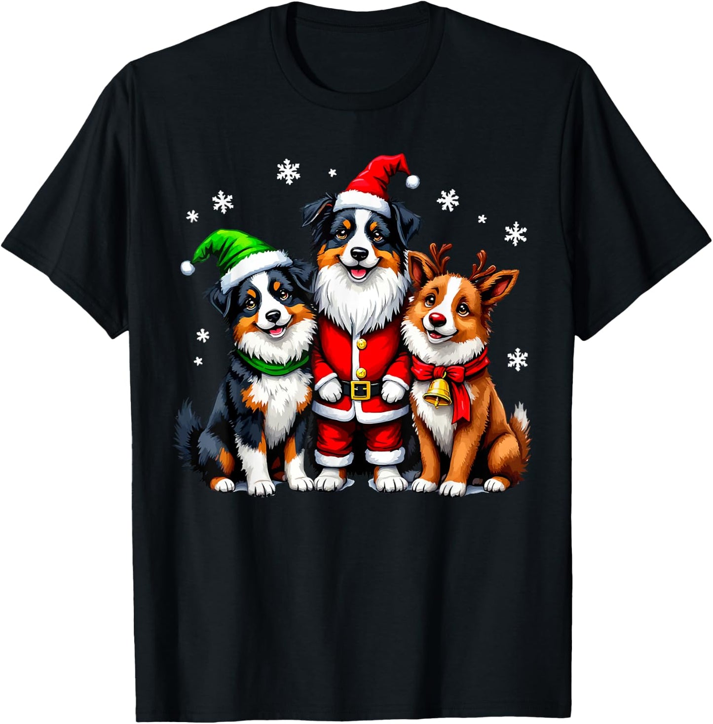 Australian Shepherd Christmas Dogs Funny Santa Reindeer Elf T-Shirt - T-Shirt | Black