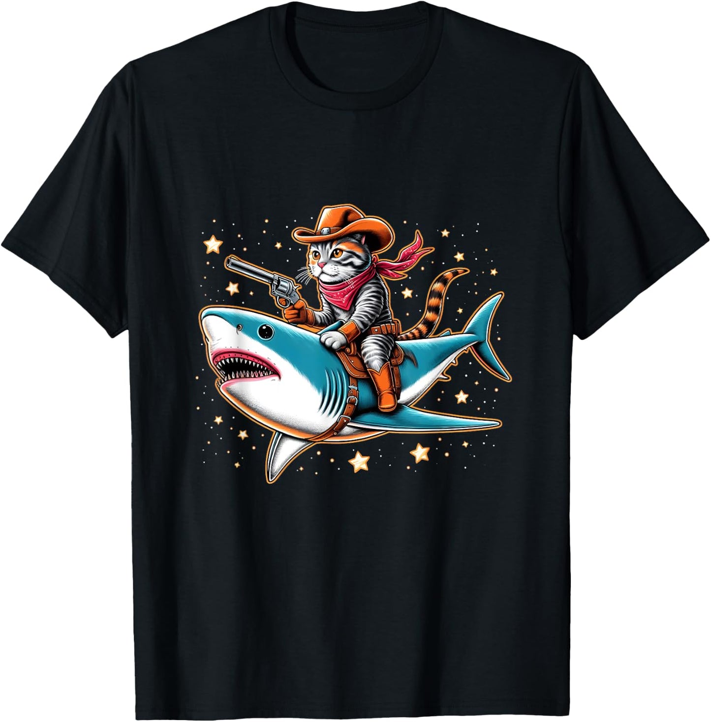 Cat Cowboy Riding A Shark In Space T-Shirt - T-Shirt | Black