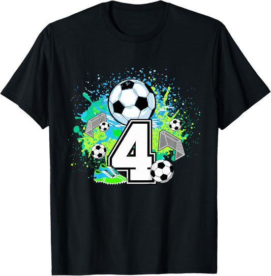 Kids 4th Soccer Birthday Party 4 Year Old Soccer Player T-Shirt - T-Shirt | Black