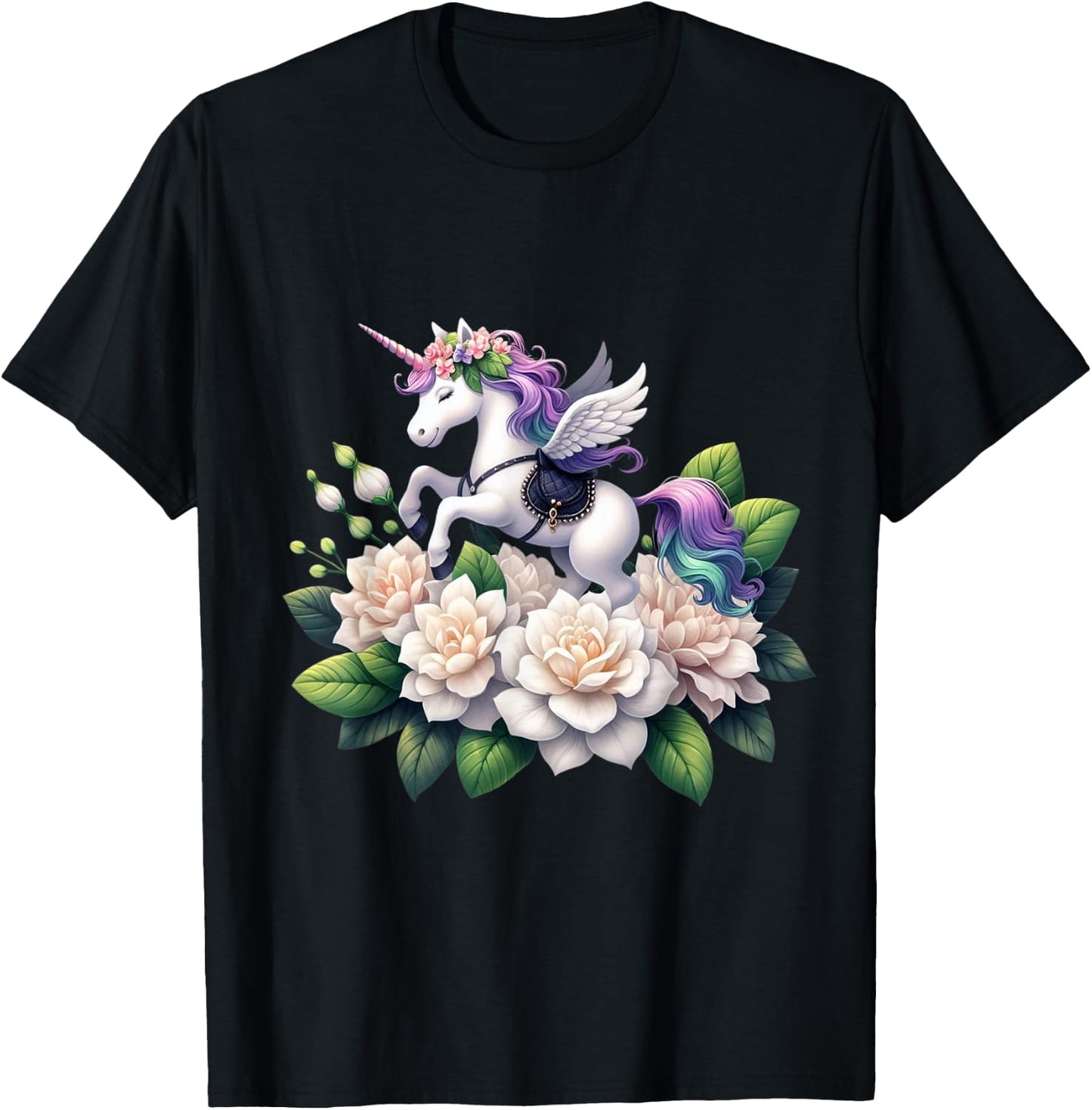 Unicorn Riding Gardenia Boys Girls Men Women Kids Adults T-Shirt - T-Shirt | Black