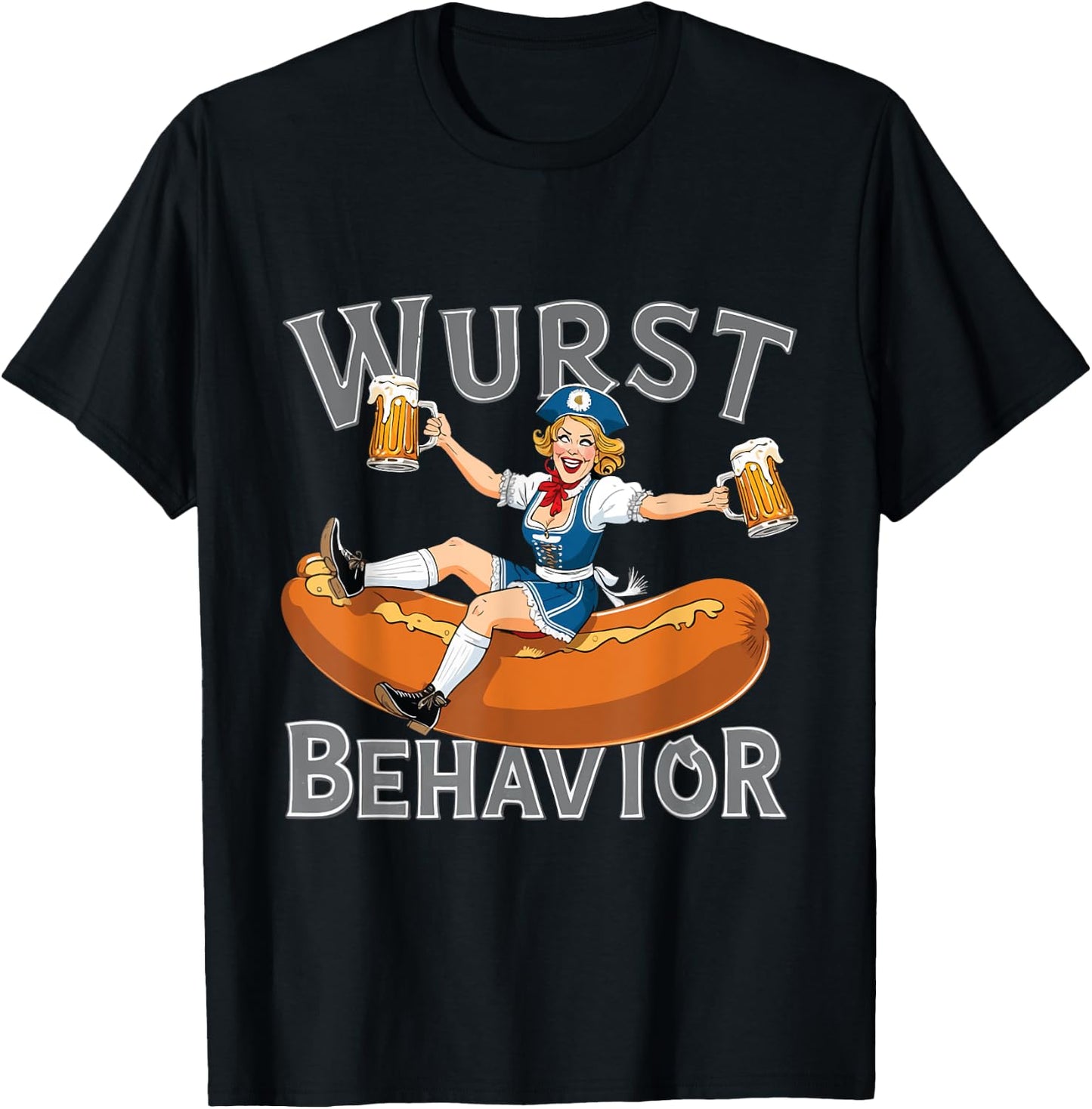 Wurst Behavior: Oktoberfest Bavarian Woman And Bratwurst T-Shirt - T-Shirt | Black