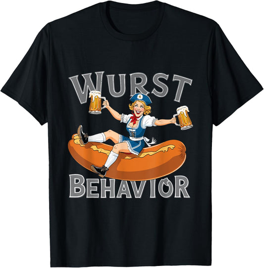 Wurst Behavior: Oktoberfest Bavarian Woman And Bratwurst T-Shirt - T-Shirt | Black