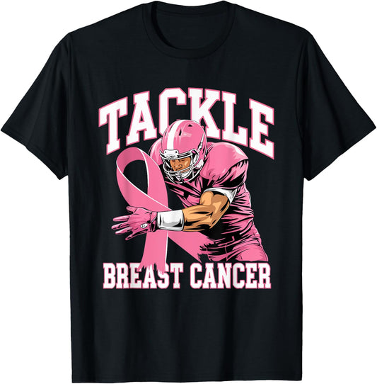 Tackle Breast Cancer Pink Ribbon American Fantasy Football T-Shirt - T-Shirt | Black