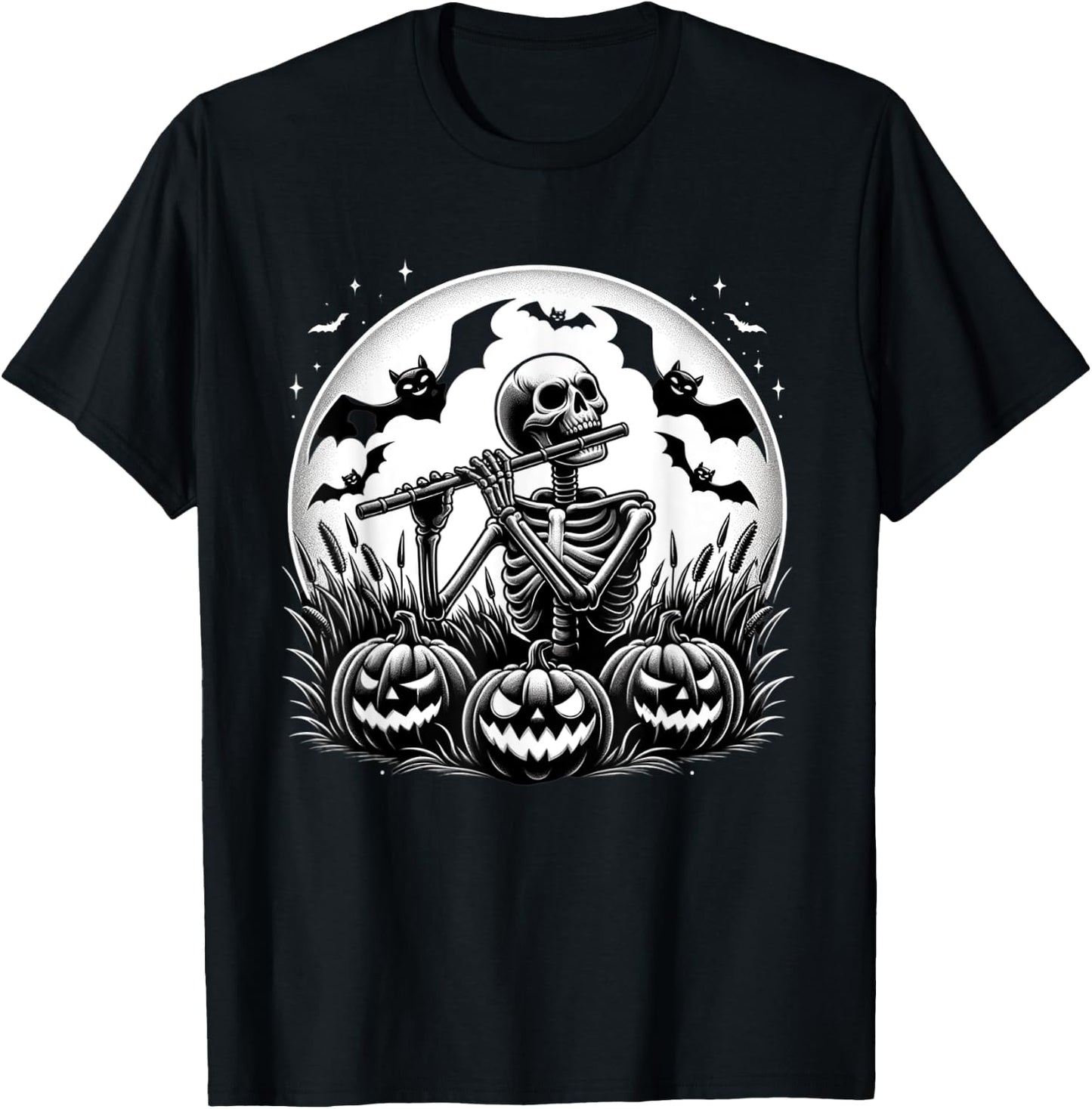 Funny Flute Skeleton Flutist Halloween Kids T-Shirt - T-Shirt | Black