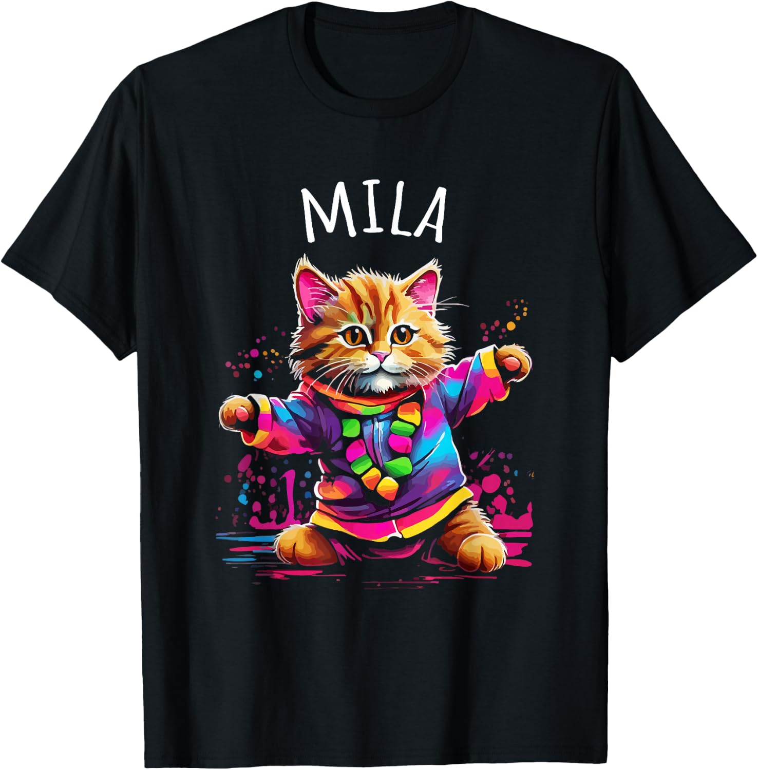 Mila Colorful Dancing Cat Design for Girls Name Mila T-Shirt - T-Shirt | Black