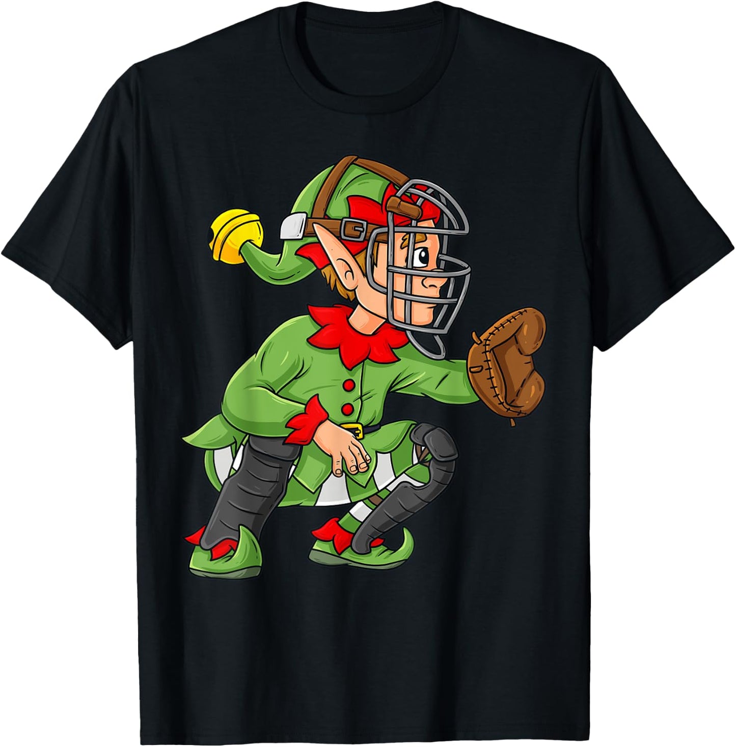 Christmas Elf Baseball Catcher Boys Girls Kids Pajama Xmas T-Shirt - T-Shirt | Black