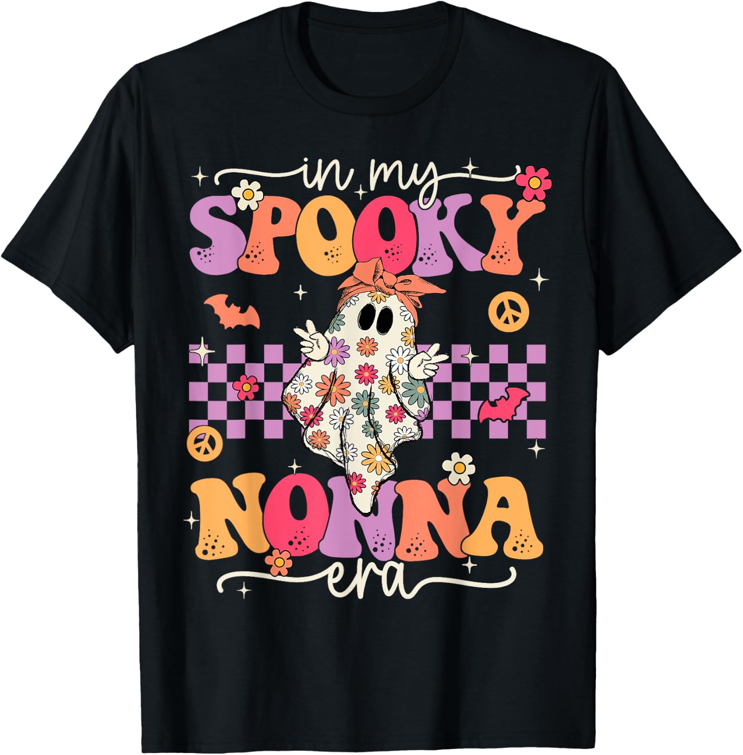 Groovy In My Spooky Nonna Era Hippie Halloween Floral Ghost T-Shirt - T-Shirt | Black