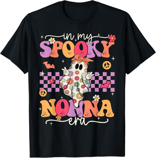 Groovy In My Spooky Nonna Era Hippie Halloween Floral Ghost T-Shirt - T-Shirt | Black