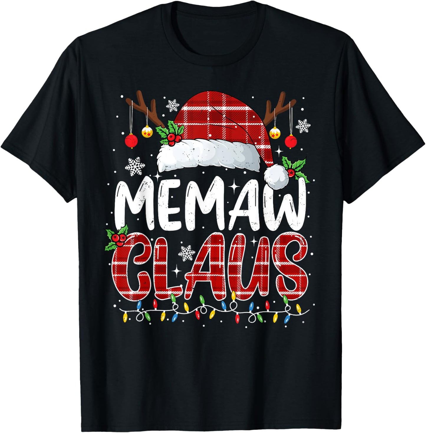 Memaw Claus Christmas Lights Pajama Family Matching T-Shirt - T-Shirt | Black