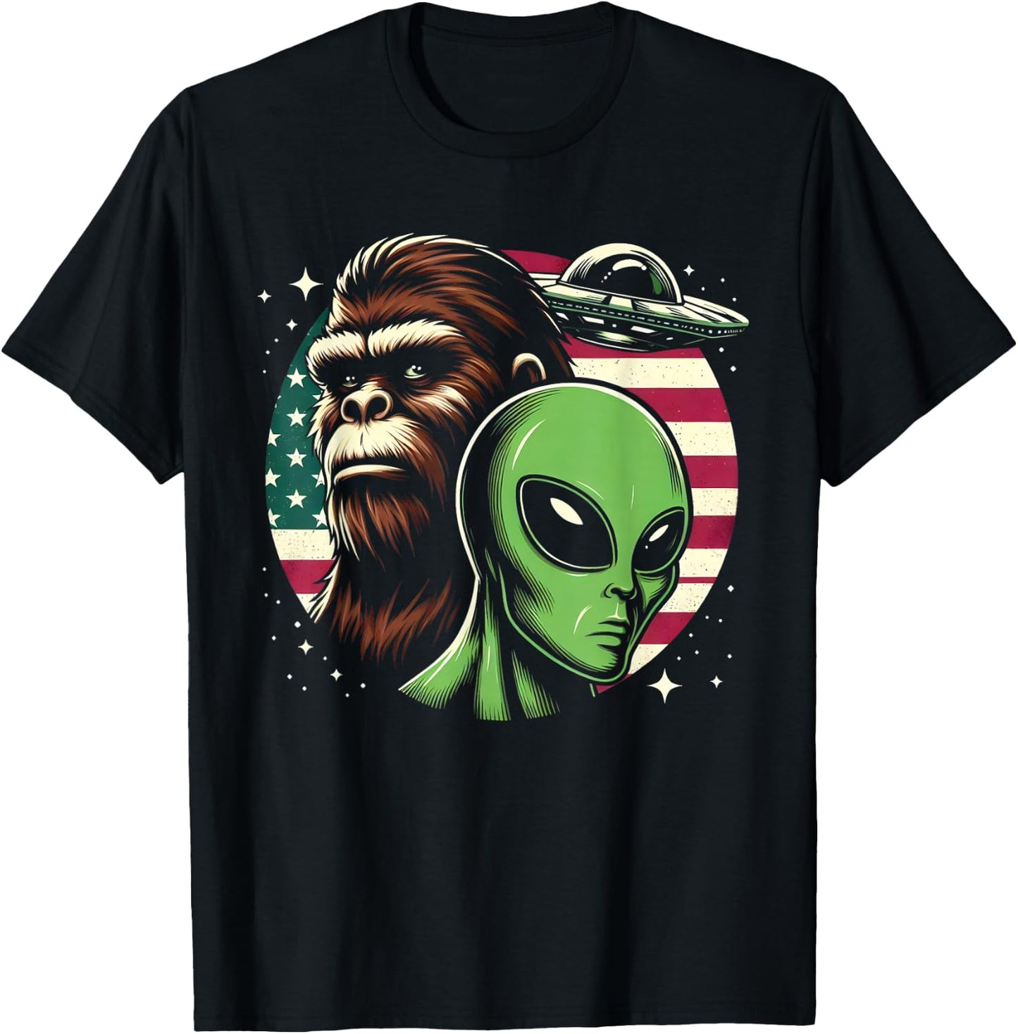 Bigfoot Sasquatch Alien UFO USA American Flag T-Shirt - T-Shirt | Black