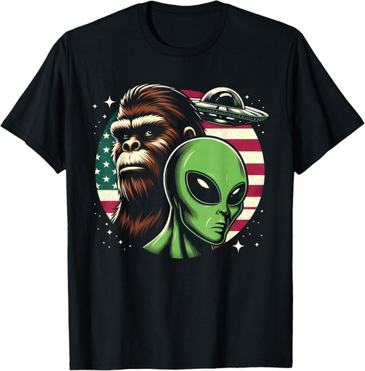 Bigfoot Sasquatch Alien UFO USA American Flag T-Shirt - T-Shirt | Black