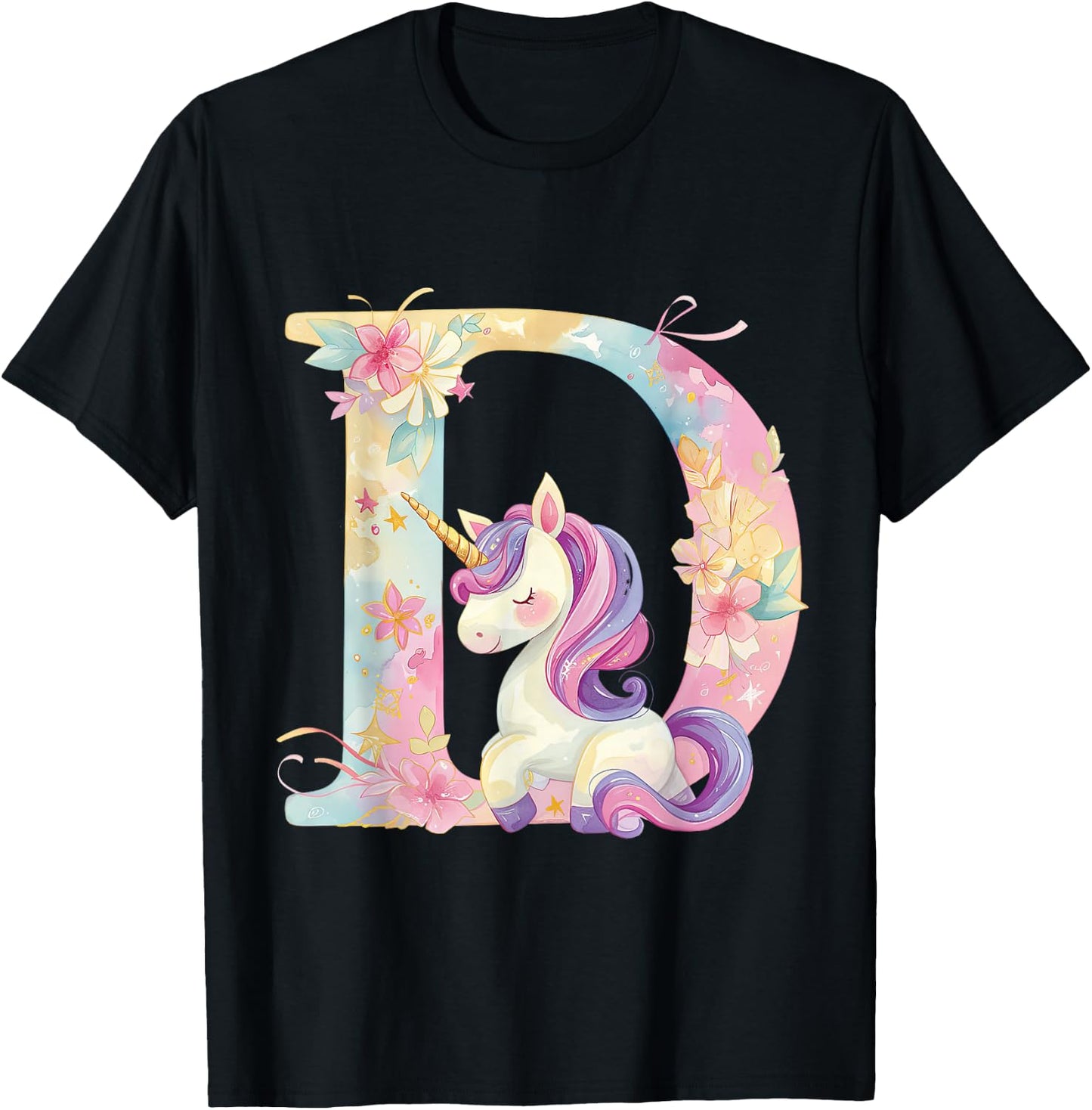 D Initial Letter Alphabet Unicorn Birthday Outfit Monogram D T-Shirt - T-Shirt | Black