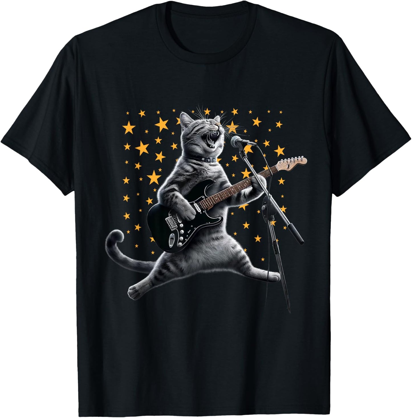 Rock Cat Playing Guitar Electric in space Funny kitty Galaxy T-Shirt - T-Shirt | Black