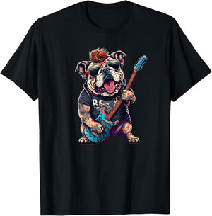 Funny Bulldog Dog Rock and Roll Rocker 80s 90s Women Girls Kids T-Shirt - T-Shirt | Black