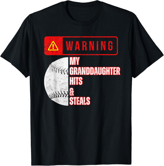 Warning My Granddaughter Hits & Steals Funny Baseball T-Shirt - T-Shirt | Black