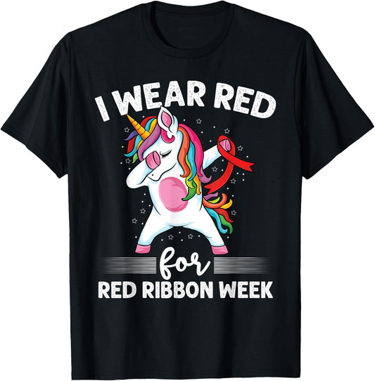 Dabbing Unicorn We Wear Red For Red Ribbon Week Awareness T-Shirt - T-Shirt | Black
