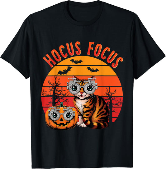 Hocus Focus Optometry Halloween Shirt Eye Doctor Cat Vintage T-Shirt - T-Shirt | Black