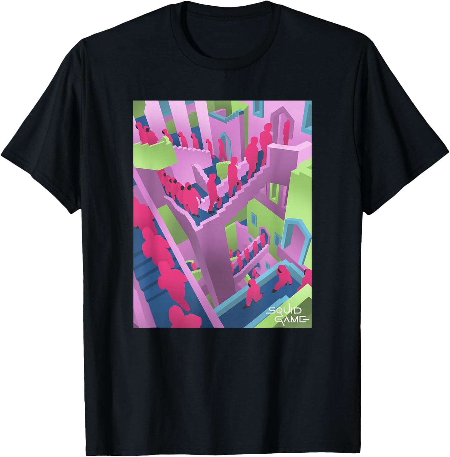 Squid Game Guards Stairs Neon Poster T-Shirt - T-Shirt | Black