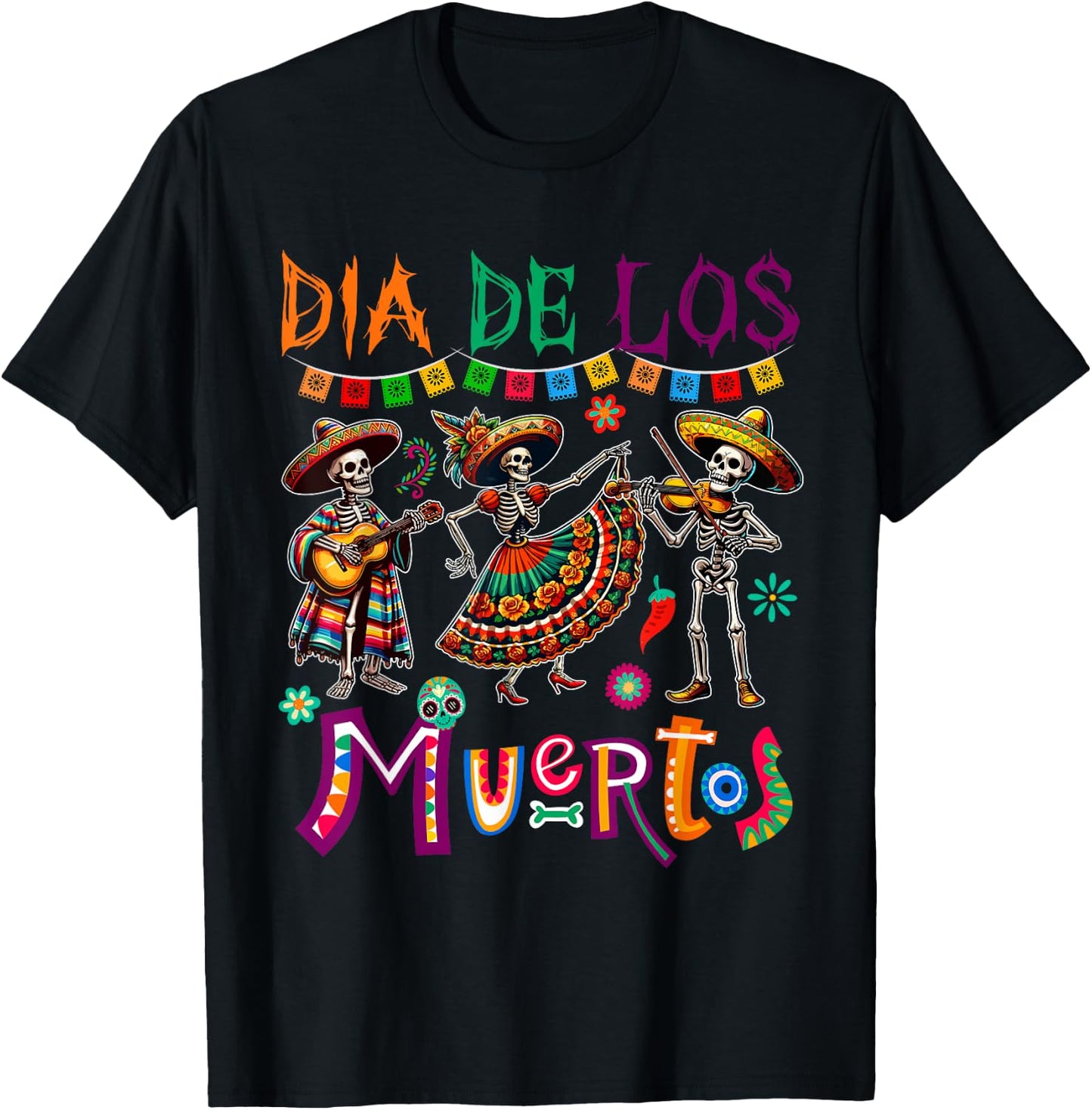 Dia De Los Muertos Three Floral Skeletons Mexican Dancing T-Shirt - T-Shirt | Black