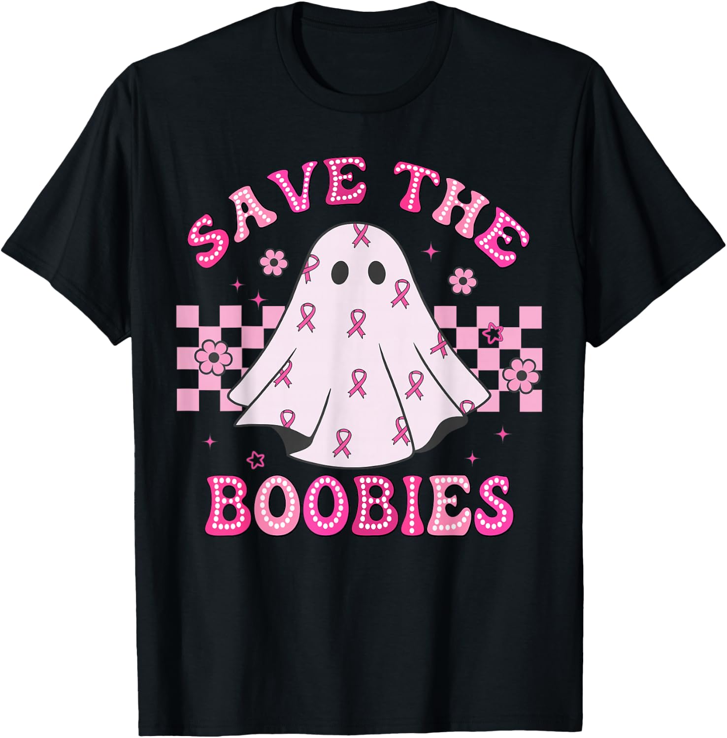 Save The Boobies Retro Groovy Breast Cancer Awareness T-Shirt - T-Shirt | Black