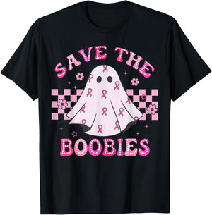Save The Boobies Retro Groovy Breast Cancer Awareness T-Shirt - T-Shirt | Black